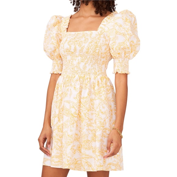 1. State Floral Puff and Smocked Sleeve Smocked Bodice Dress - Picture 1 of 11